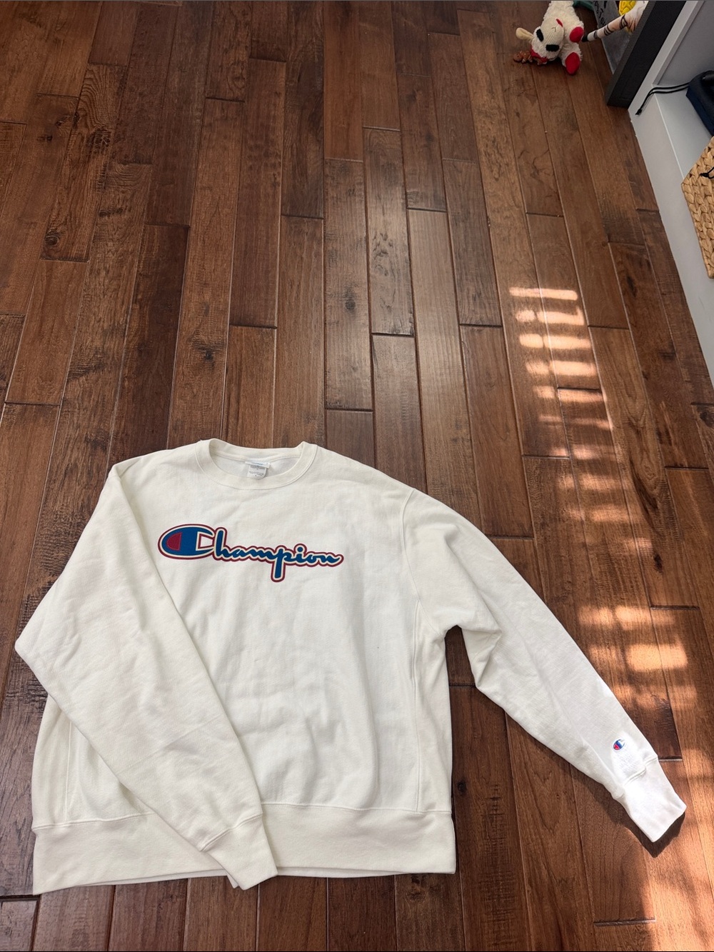 Champion Cream Crewneck Sweatshirt with Blue & Red Logo